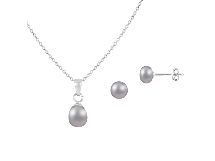 6.5-7mm Button/Drop Gray Freshwater Pearl Rhodium Over Sterling Earring and Pendant W/Chain Set