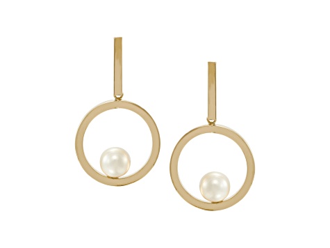 7-7.5mm Button White Freshwater Pearl 14K Yellow Gold Dangle Earrings