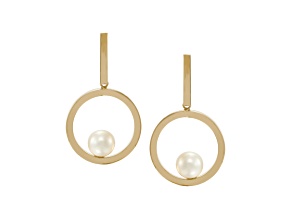 7-7.5mm Button White Freshwater Pearl 14K Yellow Gold Dangle Earrings