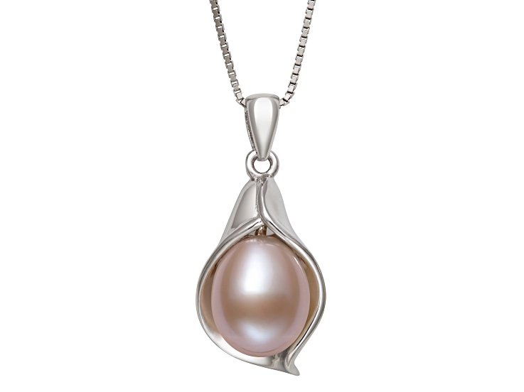 Pink Cultured Freshwater Pearl Rhodium Over Sterling Silver Pendant With Chain