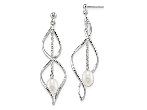 Rhodium Over Sterling Silver 7-8mm White Rice Freshwater Cultured Pearl Dangle Earring