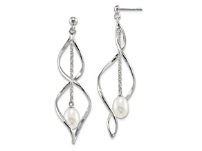 Rhodium Over Sterling Silver 7-8mm White Rice Freshwater Cultured Pearl Dangle Earring