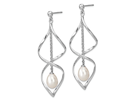 Rhodium Over Sterling Silver 7-8mm White Rice Freshwater Cultured Pearl Dangle Earring