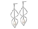 Rhodium Over Sterling Silver 7-8mm White Rice Freshwater Cultured Pearl Dangle Earring