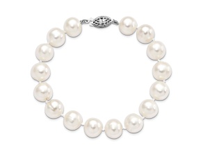 Rhodium Over Sterling Silver 10-11mm White Freshwater Cultured Pearl Bracelet