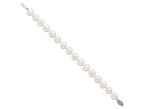 Rhodium Over Sterling Silver 10-11mm White Freshwater Cultured Pearl Bracelet