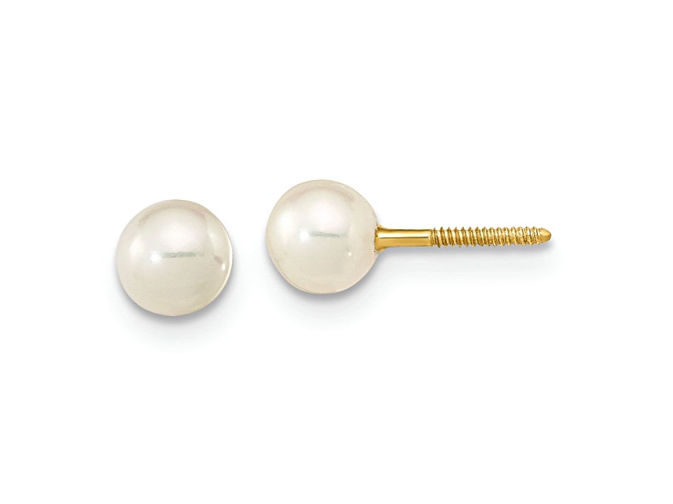 14k Yellow Gold 4-5mm White Near Round Freshwater Cultured Pearl Stud Earrings
