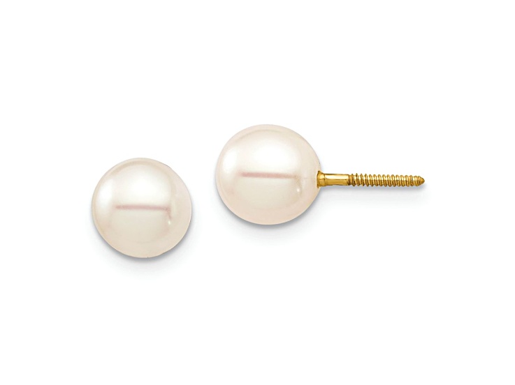 14K Yellow Gold Children's 6-7mm White Round Freshwater Cultured Pearl Stud Earrings
