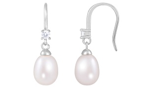 White Cultured Freshwater Pearl and Cubic Zirconia Rhodium Over Sterling Silver 7-8mm Drop Earrings