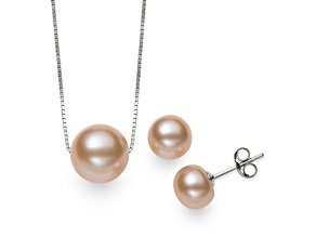 Peach Cultured Freshwater Pearl Rhodium Over Sterling Silver Necklace and Earring Set