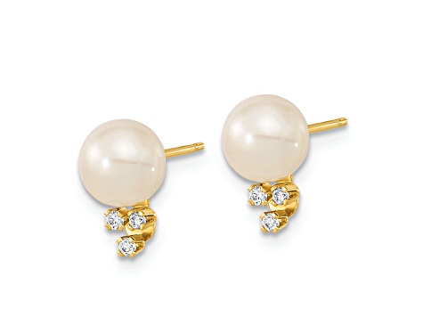 14K Yellow Gold 6-7mm White Round Freshwater Cultured Pearl 0.06ct Diamond Post Earrings