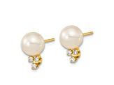 14K Yellow Gold 6-7mm White Round Freshwater Cultured Pearl 0.06ct Diamond Post Earrings
