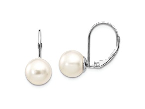 Rhodium Over 14K White Gold 8-9mm Round Freshwater Cultured Pearl Leverback Earrings
