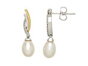 White Freshwater Pearl with 0.05ctw Diamond Sterling Silver/14K Gold Over Sterling Silver Earrings