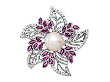 Picture of Rhodium Over Sterling Silver 10-11mm White Freshwater Pearl Cubic Zirconia Pink Corundum Pin