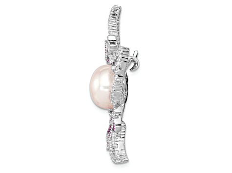 Rhodium Over Sterling Silver 10-11mm White Freshwater Pearl Cubic Zirconia Pink Corundum Pin