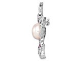 Rhodium Over Sterling Silver 10-11mm White Freshwater Pearl Cubic Zirconia Pink Corundum Pin
