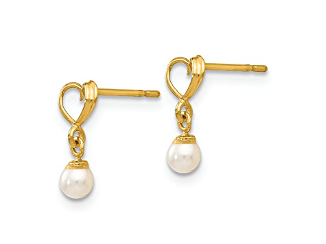 14k Yellow Gold Freshwater Cultured Pearl Heart Dangle Post Earrings