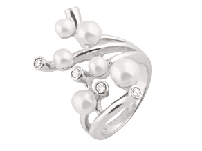 5-6.5mm White Button Cultured Freshwater Pearl and Cubic Zirconia Rhodium Over Silver Ring