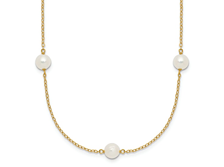 10k Yellow Gold 5-6mm White Near Round Freshwater Cultured Pearl 7-Station 16 Inch Necklace