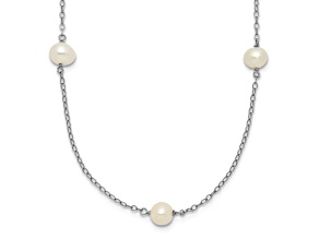 Rhodium Over 10k White Gold 5-6mm Round White Freshwater Cultured Pearl 7 Station 18 Inch Necklace