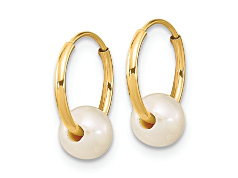 14K Yellow Gold 5-6mm Round White Freshwater Cultured Pearl Hoop Earrings