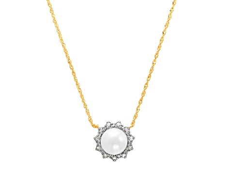 8-8.5mm Round White Freshwater Pearl with Diamond Accents 14K Yellow Gold Halo Necklace