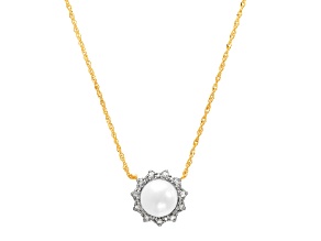 8-8.5mm Round White Freshwater Pearl with Diamond Accents 14K Yellow Gold Halo Necklace