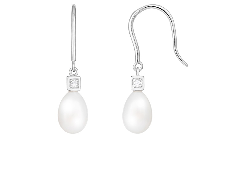 7.5-8 mmWhite Cultured Freshwater Pearl and Cubic Zirconia Rhodium Over Sterling Silver Earrings