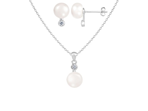 8-8½mm Button White Freshwater Pearl and CZ Rhodium Over Sterling Earring and Pendant W/Chain Set