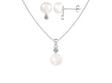 8-8½mm Button White Freshwater Pearl and CZ Rhodium Over Sterling Earring and Pendant W/Chain Set