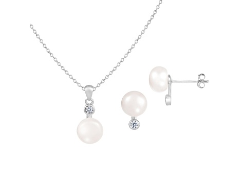 8-8½mm Button White Freshwater Pearl and CZ Rhodium Over Sterling Earring and Pendant W/Chain Set