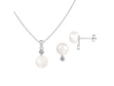 8-8½mm Button White Freshwater Pearl and CZ Rhodium Over Sterling Earring and Pendant W/Chain Set