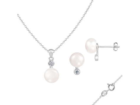 8-8½mm Button White Freshwater Pearl and CZ Rhodium Over Sterling Earring and Pendant W/Chain Set