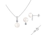 8-8½mm Button White Freshwater Pearl and CZ Rhodium Over Sterling Earring and Pendant W/Chain Set