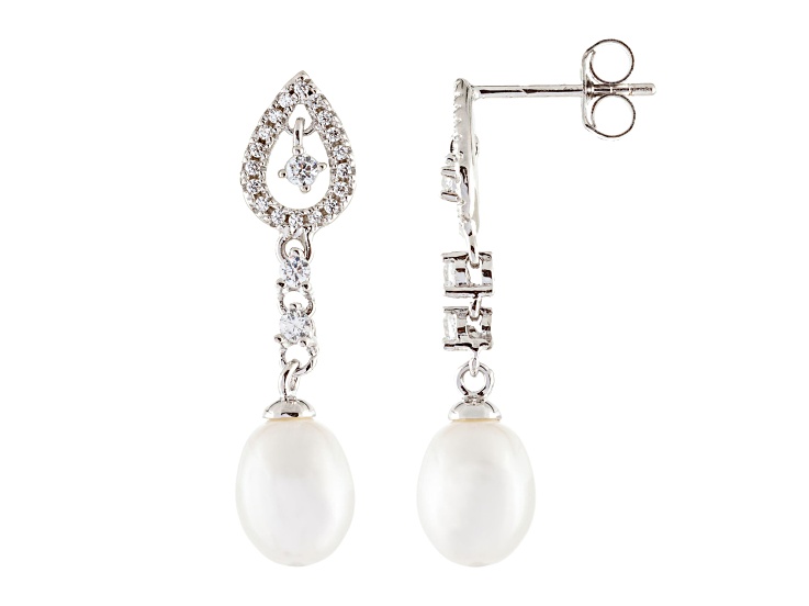 7-8mm White Cultured Freshwater Pearl and Cubic Zirconia Rhodium Over Sterling Silver Earrings