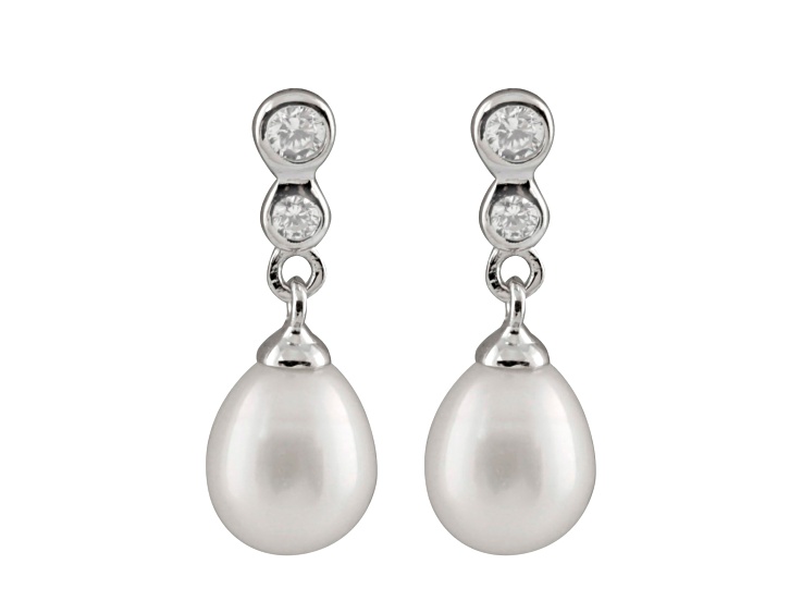 7-8mm White Cultured Freshwater Pearl and Cubic Zirconia Rhodium Over Sterling Silver Earrings