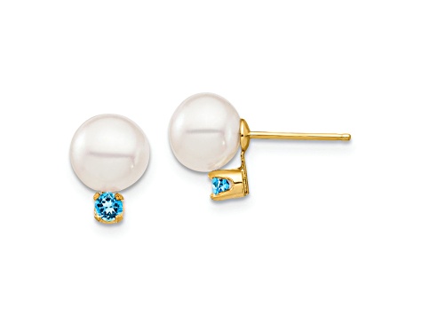 14K Yellow Gold 7-7.5mm White Round Freshwater Cultured Pearl Swiss Blue Topaz Post Earrings