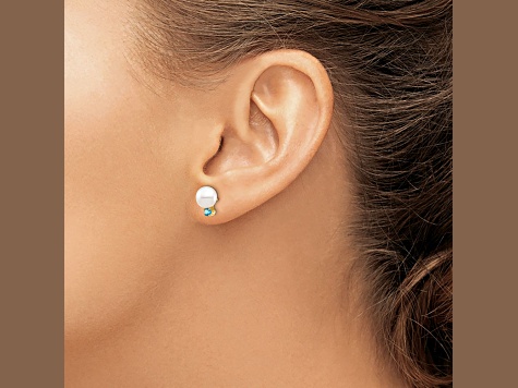 14K Yellow Gold 7-7.5mm White Round Freshwater Cultured Pearl Swiss Blue Topaz Post Earrings