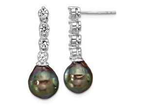 Rhodium Over Sterling Silver 9-10mm Tahitian Pearl and Cubic Zirconia Post Dangle Earrings