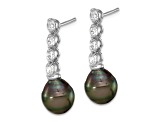 Rhodium Over Sterling Silver 9-10mm Tahitian Pearl and Cubic Zirconia Post Dangle Earrings