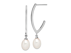 Rhodium Over Sterling Silver 8-9mm White Rice Freshwater Cultured Pearl Earrings