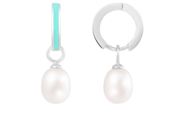 7.5-8mm White Cultured Freshwater Pearl and enamel green Rhodium Over ...