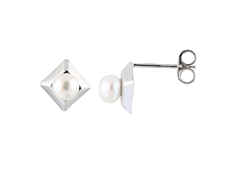 4.5-5mm White Cultured Freshwater Pearl Rhodium Over Sterling Silver Earrings