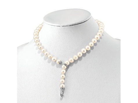 Rhodium Over Sterling Silver 9-10mm White FWC Pearl Cubic Zirconia Clasp Adjustable Necklace
