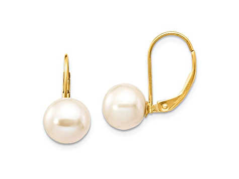 14K Yellow Gold 8-9mm White Round Freshwater Cultured Pearl Leverback Earrings