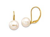 14K Yellow Gold 8-9mm White Round Freshwater Cultured Pearl Leverback Earrings