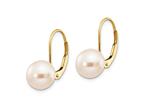 14K Yellow Gold 8-9mm White Round Freshwater Cultured Pearl Leverback Earrings