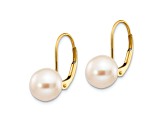 14K Yellow Gold 8-9mm White Round Freshwater Cultured Pearl Leverback Earrings