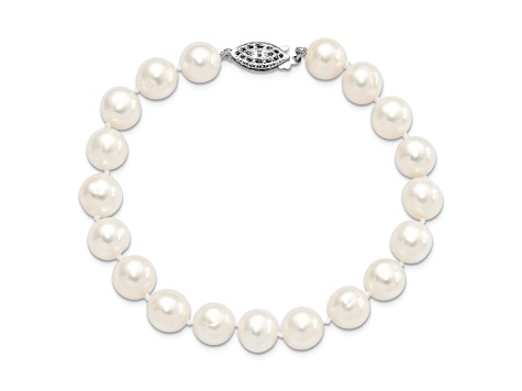 Rhodium Over Sterling Silver 9-10mm White Freshwater Cultured Pearl Bracelet